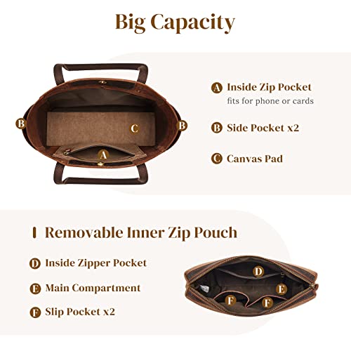 S-ZONE Genuine Leather Tote Bag Large Shoulder Purse Work Vintage Handbag for Women-dark brown