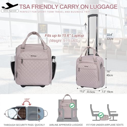 EMPSIGN Underseat Carry On Wheeled - 16" Carry on Bag with Wheels Multi-functional Lightweight Rolling Bag Overnight Weekender Small Suitcase for Women Men Travel Business, Dusty Pink