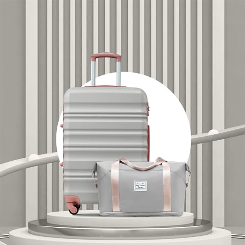LONG VACATION 6 Piece Luggage Set Carry on Suitcase with ABS+PC hardshell, Spinner Wheels & YKK Zipper TSA Lock (GREY-PINK, 6 piece set)