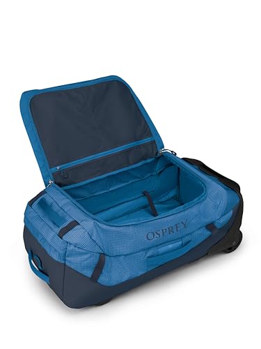 Osprey Transporter 90L Wheeled Travel Duffel Bag - Large Lightweight Rolling Suitcase for Men and Women, Blue Flame/Nocturnal Blue