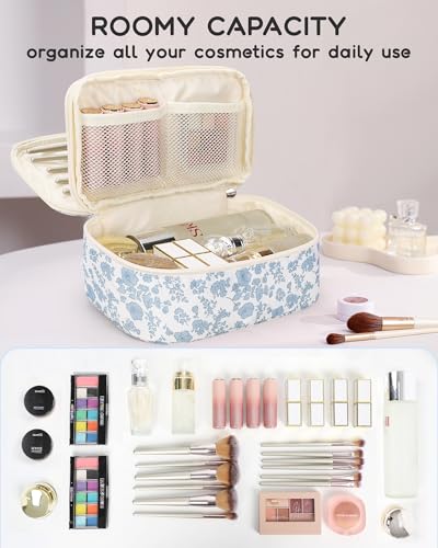 Relavel Travel Makeup Bag, Small Floral Cosmetic Bag with Makeup Brush Compartment, Portable Makeup Pouch for Women, Double Layer Makeup Organizer Bag Cute Toiletry Bag