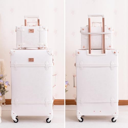 urecity 20" Rose White Vintage Luggage Set 2 Piece, Aluminum Frame Retro Carry On Suitcase with Cosmetic Case, Vegan Leather Spinner Trunk for Women (Clear Cover Included)