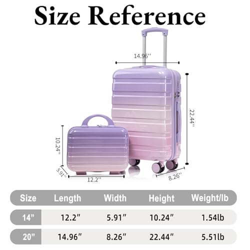 Luccalily Gradient Purple-Pink Luggage Set 14" & 20" - 2 Piece PC Spinner Wheel Suitcases with Combination Lock, Lightweight Carry On for Business & Vacation