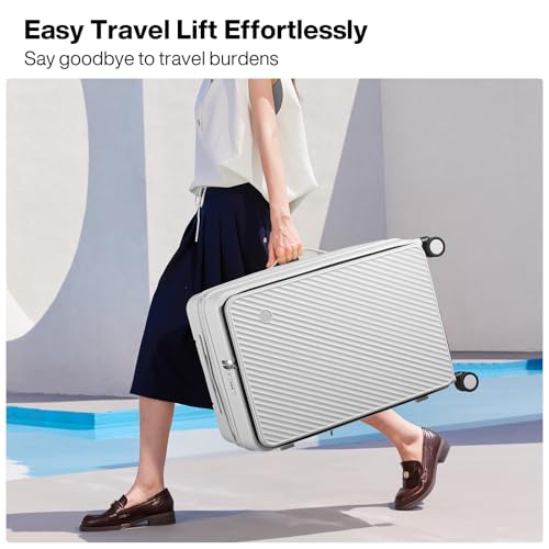 mixi 20 Inch Expandable Carry On Luggage PC Hard Shell Suitcase Top Opening Rolling Travel Suitcases with Spinner Wheels & TSA Lock, Smoke White