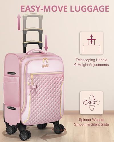 Carry On Luggage 22x14x9 Airline Approved, 20 Inch Softside Suitcase with 4 Pcs, Lightweight Luggage for Women with TSA Lock and 4 Spinner Wheels, Soft Side Carry-on Suitcases for Travel, Pink