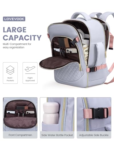 LOVEVOOK Carry on Backpack, 30L Travel Backpack for Women Airline Approved,Luggage Business Weekender Overnight Daypack as Personal Item fit for 15.6 inch Laptop,Silver Gray
