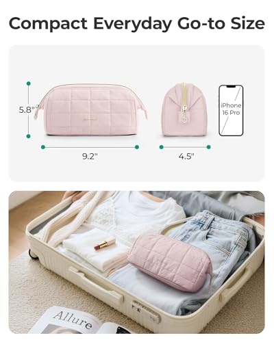 BAGSMART Makeup Bag Travel Toiletry Bag, Puffy Padded Make Up Bags for Women Makeup Organizer Case, Wide-open Pouch Purse Travel Essentials Toiletries Accessories Brushes, Pink