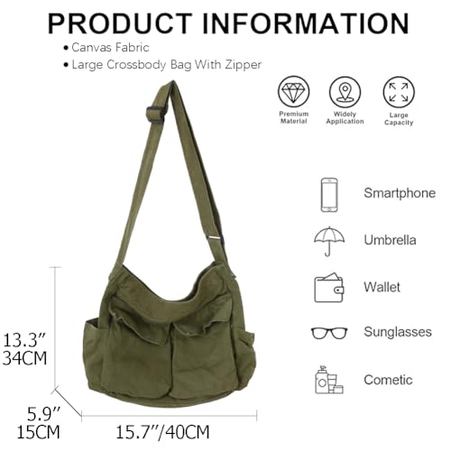 KlaOYer Canvas Messenger Bag Large Hobo Bag Crossbody Shoulder Bag Tote Bag with Pocket for Women and Men (Green)