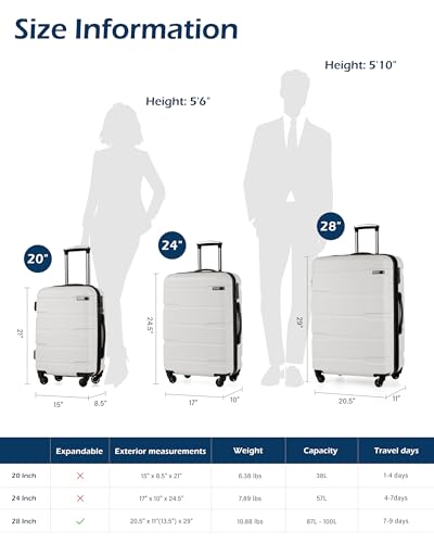 Coolife Expandable Large Checked Luggage Hardside PC+ABS Suitcase with TSA Lock, Lightweight Rolling Carry On with Spinner Wheels(White, 28in)
