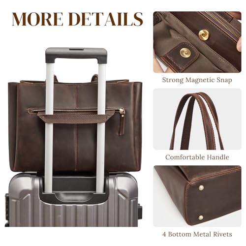 S-ZONE Genuine Leather Tote Bag for Women Work Large Shoulder Handbag with Zipper Compartment for Travel Professional (dark brown)