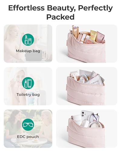 BAGSMART Small Makeup Bag, Puffy Portable Cosmetic Pouch with Charm Zipper, Water-Resistant Travel Organizer for Women (Baby Pink, Small)