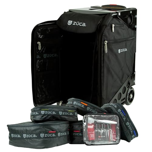 ZUCA Pro Carry On Luggage with Wheels - Black Bag and Black Frame, with 5 Packing Pouches, Travel Cover, and Built-In Seat