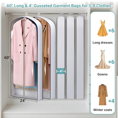 SLEEPING LAMB 60" Long Hanging Garment Bags for Closet Storage Gusseted Clear Dress Bag for Clothes, Gowns, Coats, Suits, 5 Packs
