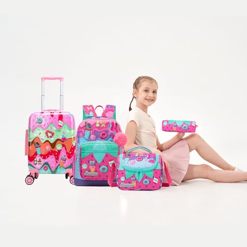 Inprof Cute Kid’s Luggage Set 5 Piece Suitcase Set 16’’ Hardside Luggage with Spinner Wheels Girls Carry on Toddler Travel Rolling Suitcase Carry on Luggage Airline Approved