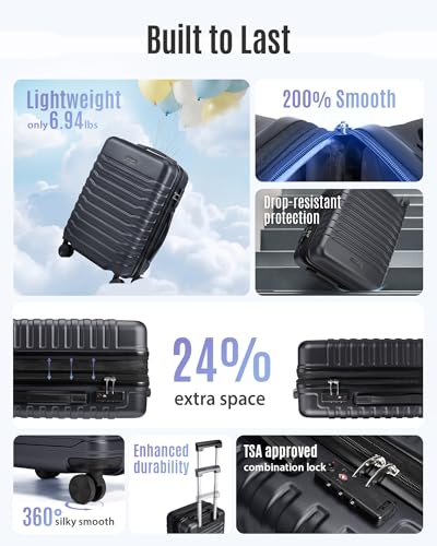 LIGHT FLIGHT Expandable Carry On Luggage 22x14x9 Airline Approved with Double Spinner Wheels, 20 Inch Lightweight Hard Shell Rolling Suitcases with TSA Lock, Black