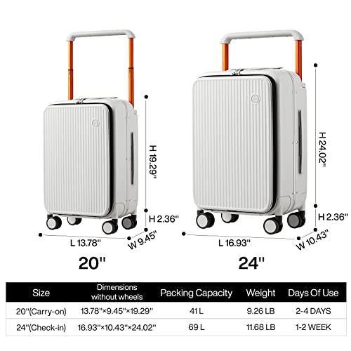 mixi Carry On Luggage 20'' Suitcase with Front Laptop Pocket, Wide Handle Rolling Travel Suitcases PC Hardshell with Aluminum Frame Spinner Wheels & TSA Lock, Carry-On Luggage(Smoke White)