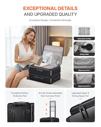 ISLAND ELEPHANT Expandable 20Inch Carry On Luggage Airline Approved - Top Opening Hardside Travel Suitcase Unbreakable -with Cup Holder,USB Charge,Side Pothook, 360°Spinner Wheels, TSA Lock-Black