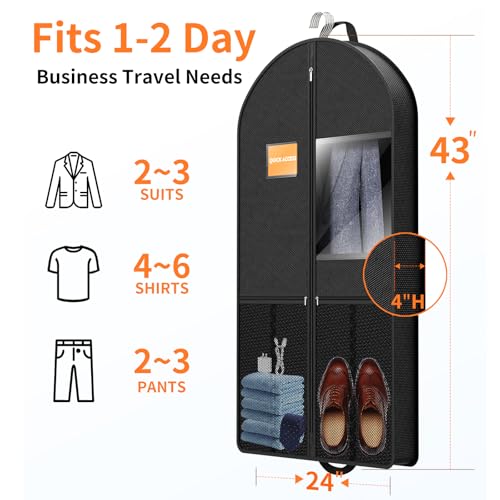 Suit Garment Clothes Travel Bag: 43 inch Lightweight Foldable Black Short Fabric Breathable - Hanging Storage Cover Pockets Zipper for Men - Wardrobe Carry Coat Jacket Uniform Tuxedo Shirt