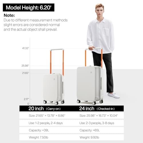 mixi Carry On Luggage Airline Approved Wide Handle Lightweight Luggage PC Hard Shell Suitcases Rolling Suitcases with Spinner Wheels & TSA Lock, 20 Inch Smoke White