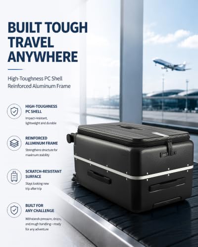 Hanke 24 Inch Top Opening Medium Suitcase, Aluminum Frame Hard Shell Suitcases with Wheels, TSA Lock, Large Storage Travel Luggage with Removable Divider & Toiletry Bag (Jet Black)
