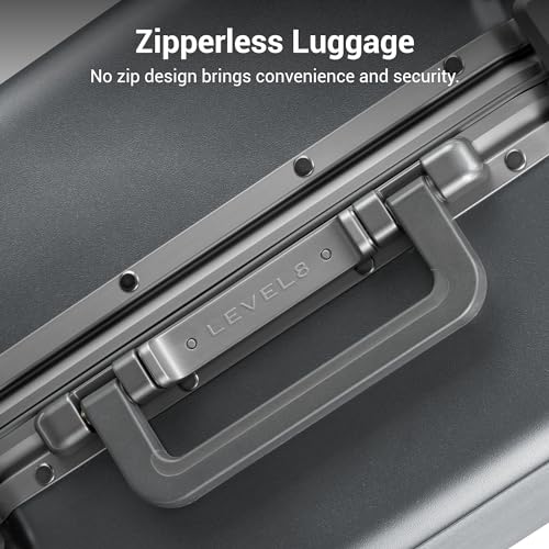 LEVEL8 Zipperless Carry On Luggage Airline Approved with Aluminum Frame, Hard Shell Suitcase with Spinner Wheels, Metal Checked Luggage with Double Tsa Locks, 20 Inch, Grey