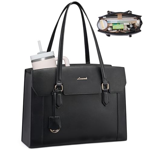 LOVEVOOK Laptop Tote Bag for Women,Computer Work Bag With Large Cup Holder,15.6 Inch Waterproof PU Leather Purse Briefcase for Teacher