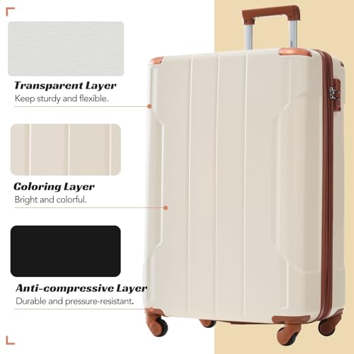 Merax Carry On Luggage Set 3 Piece, Hard Shell Suitcases with Wheels Aluminum Alloy Corner, TSA Luggage Suitcase for Travel Woman Men(White Brown)