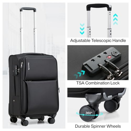 Hanke Softside Expandable 20 Inch Carry On Luggage with Wheels Airline Approved, TSA Luggage Lightweight Rolling Suitcases for Travel Carry On Bag(Black)