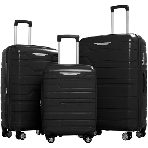 Gabbiano Unbreakable Hardshell PP Luggage Set 5 Year Warranty Extra Large with 8 Wheels Thick Shell Multi Layer PP 3 Piece Set, 22, 28, 30 Inch (Black)