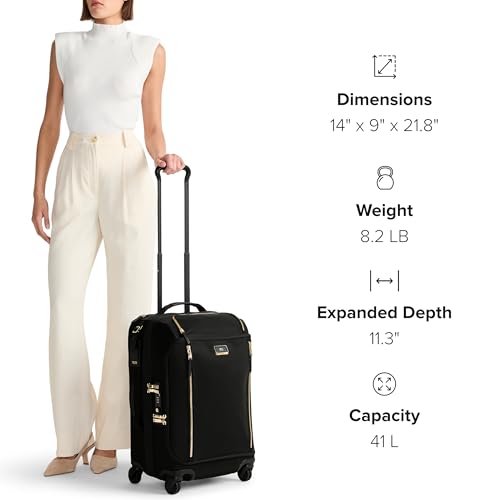 TUMI - Voyageur Leger 4 Wheeled Luggage - Women's Lightweight and Spacious, Sleek Silhouette, Durable Premium Suitcase - 21.8" International Expandable Carry-On, Black with Gold Hardware