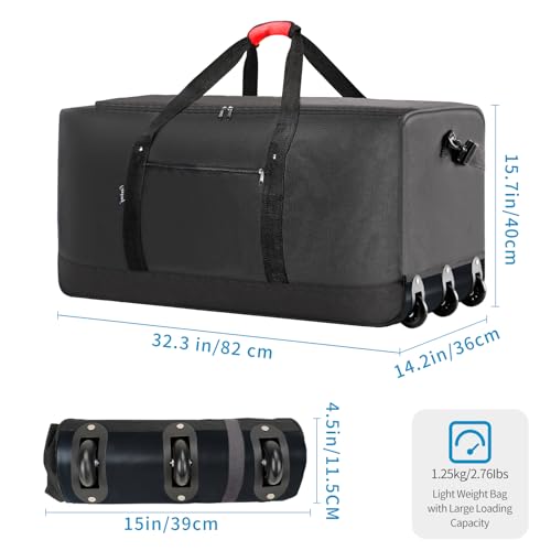 Finnhomy 120L Foldable Rolling Duffel Bag with 3 Wheels, Light Weight Travel Duffel bag with Large Loading Capacity, 32'' Rolling Duffel bag with Shoulder Strap (Black)