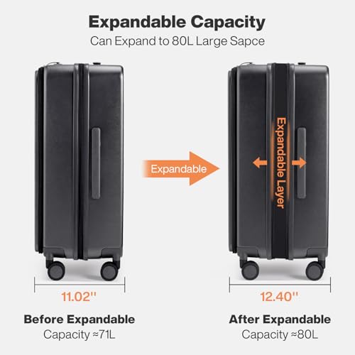 mixi 24 Inch Large Expandable Checked Luggage PC Hard Shell Suitcase Top Opening Rolling Travel Suitcases with Spinner Wheels & TSA Lock, Rock Gray