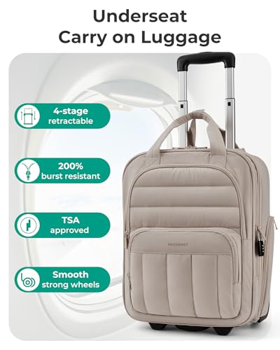 BAGSMART Small Underseat Carry on Luggage with Wheels, 16 inch Small Under Seat Luggage, Lightweight Travel Suitcase for Women, Brown