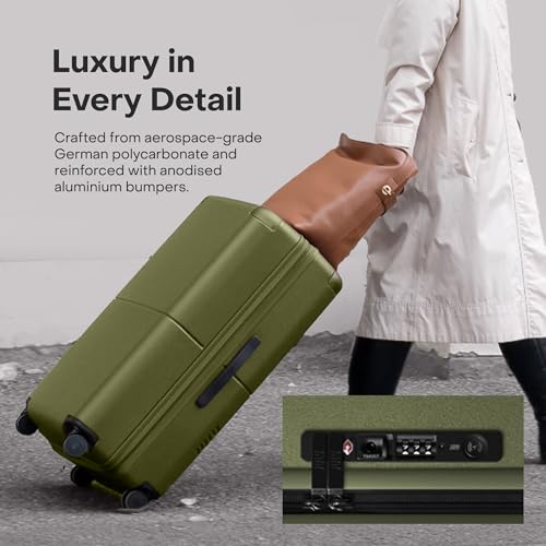 July Checked Plus with CaseSafe - 28.75" Built in Tracking, Airline Approved Check In Luggage with Wheels, Rolling Suitcase for Men & Women - Silent Spinner Wheels, Y-Strap - Moss