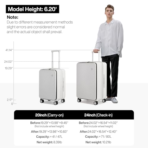 mixi 20 Inch Expandable Carry On Luggage PC Hard Shell Suitcase Top Opening Rolling Travel Suitcases with Spinner Wheels & TSA Lock, Smoke White