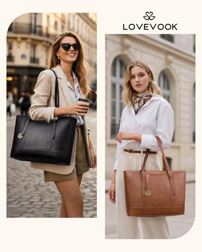 LOVEVOOK Laptop Bag for Women, 15.6 Inch Large Work Tote Bag with 40oz Cup Holder, Waterproof PU Leather Computer Briefcase for Teacher, Professional Business Shoulder Purse Black
