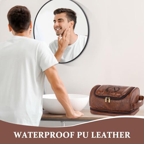 Aganmi Personalized Christmas Birthday Gifts Toiletry Bag for Men Dad Husband, Custom Initial PU Leather Waterproof Toiletry Organizer Dopp Kit Shaving Bag Travel Essential for Men, Reddish Brown J