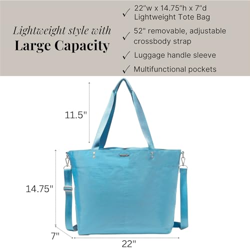 Large Carryall Tote Bag for Women - Lightweight Nylon Zipper Top Weekender Travel Beach Bag Personal Item w/Luggage Sleeve