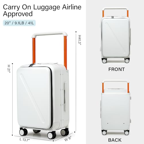 MILADA Wide Handle Carry On Luggage with Front Pocket Hardshell 20 Inch Front Opening Luggage with Spinner Wheels TSA Lock Aluminium Suitcase Airline Approved Carry-On Travel Luggage, White