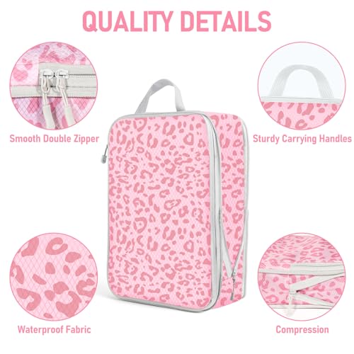Lemoobolsa 4 Set Compression Packing Cubes For Travel Bags Organizer For Luggage Suitcase Organizer, Compression Bags For Travel Accessories Luggage Storage Set (4 Pcs, Pink Leoparda)