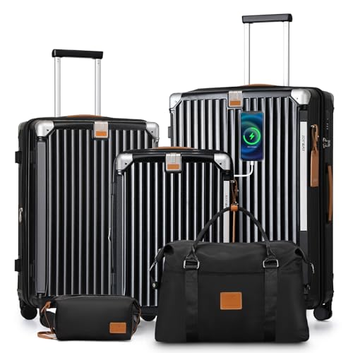 Joyway 5 Piece Luggage Set - Expandable 25%, Anti - Slip Wheels, Cup Holder, TSA Locks, Handbag Included - Ideal for Men & Women's Travel, Black