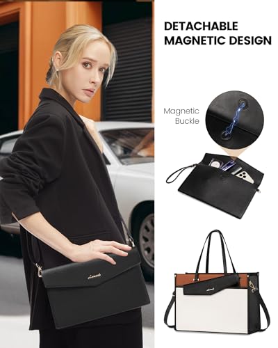 LOVEVOOK Laptop Bag for Women, 15.6'' Laptop Tote Purse 2-in-1 Professional Work Bag Business Briefcase with Clutch Purse, Waterproof Leather Computer Handbag for Teacher Office Travel