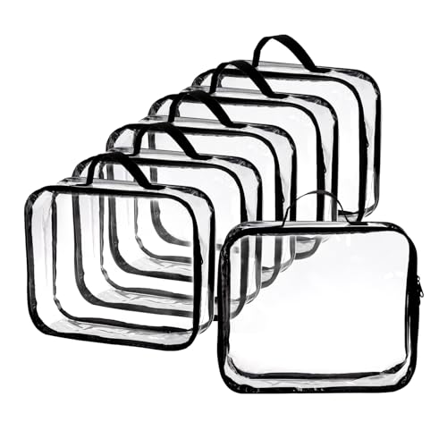 Fasmov 6 Pack Large Clear Travel Packing Cube, See-Through PVC Organizer, Vinyl Zippered Storage Bags Multipurpose Pouch with Handle for Suitcase Pants, Cashmere, Sweaters Shirts Dress Storage