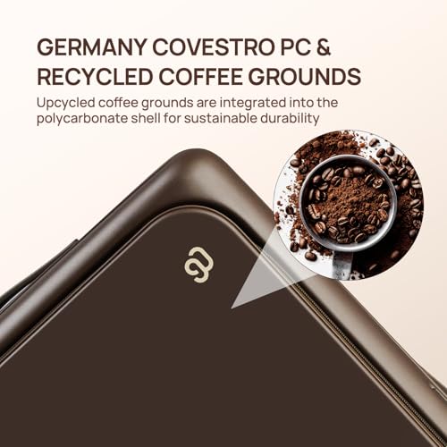 NINETYGO Medium Checked Luggage 25 Inch, Flat Top Opening Check In Luggage with Cup Holder, Expandable, Coffee-Infused PC Hard Shell, Eco-Friendly, TSA Lock, 360° Spinner Wheels (Latte)