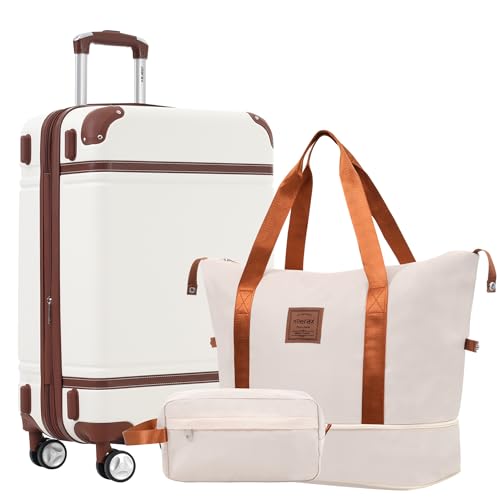 Merax Luggage Set,24 IN Hardside Suitcase with Duffel Bags,3 Piece Expandable Luggage with Spinner Wheels, Vintage Luggage with TSA Lock Lightweight,(White)