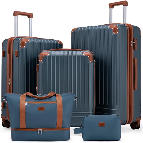 KUNEL Expandable 5 Piece Luggage Sets with Detachable Spinner Wheels and TSA Lock, Unisex Hardside ABS Suitcase Set, Hardshell Lightweight Waterproof Travel Hard Case Suitcases with Wheels, Iceblue