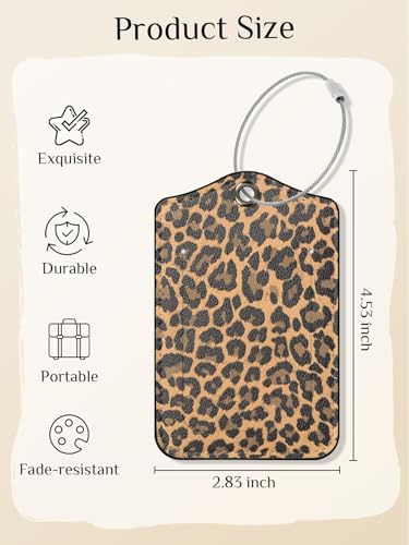 Seorsok 2 PCS Luggage Travel Tags for Suitcases,Cute Brown Leopard PU Leather Name Tag with Privacy Cover&ID Label Address Card and Durable Metal Ring Suitable for Men Women Handbags Backpack,Brown