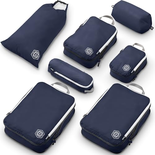 Large Compression Packing Cubes for Travel-Packing Cube Luggage Organizers 7 Piece Set for Checked Luggage-Ultralight, Expandable/Compression Bags by TRIPPED Travel Gear (Navy/White)