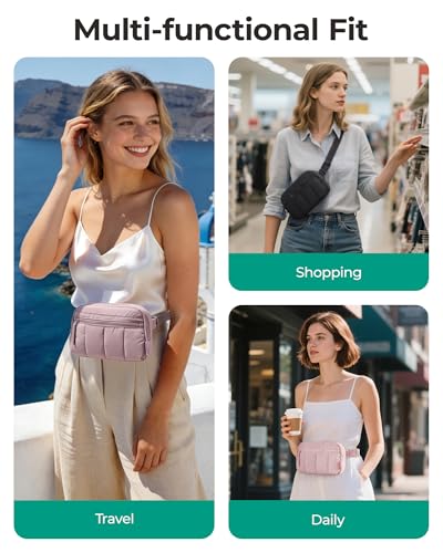 BAGSMART Fanny Packs for Women Cross Body, Quilted Puffy Belt Bag with Pockets, Fashion Waist Packs for Traveling Hiking Camel