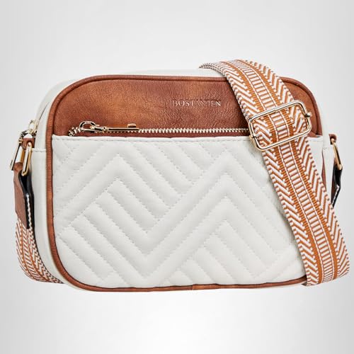 BOSTANTEN Quilted Crossbody Bags for Women Vegan Leather Purses Small Shoulder Handbags with Wide Strap Beige with Brown